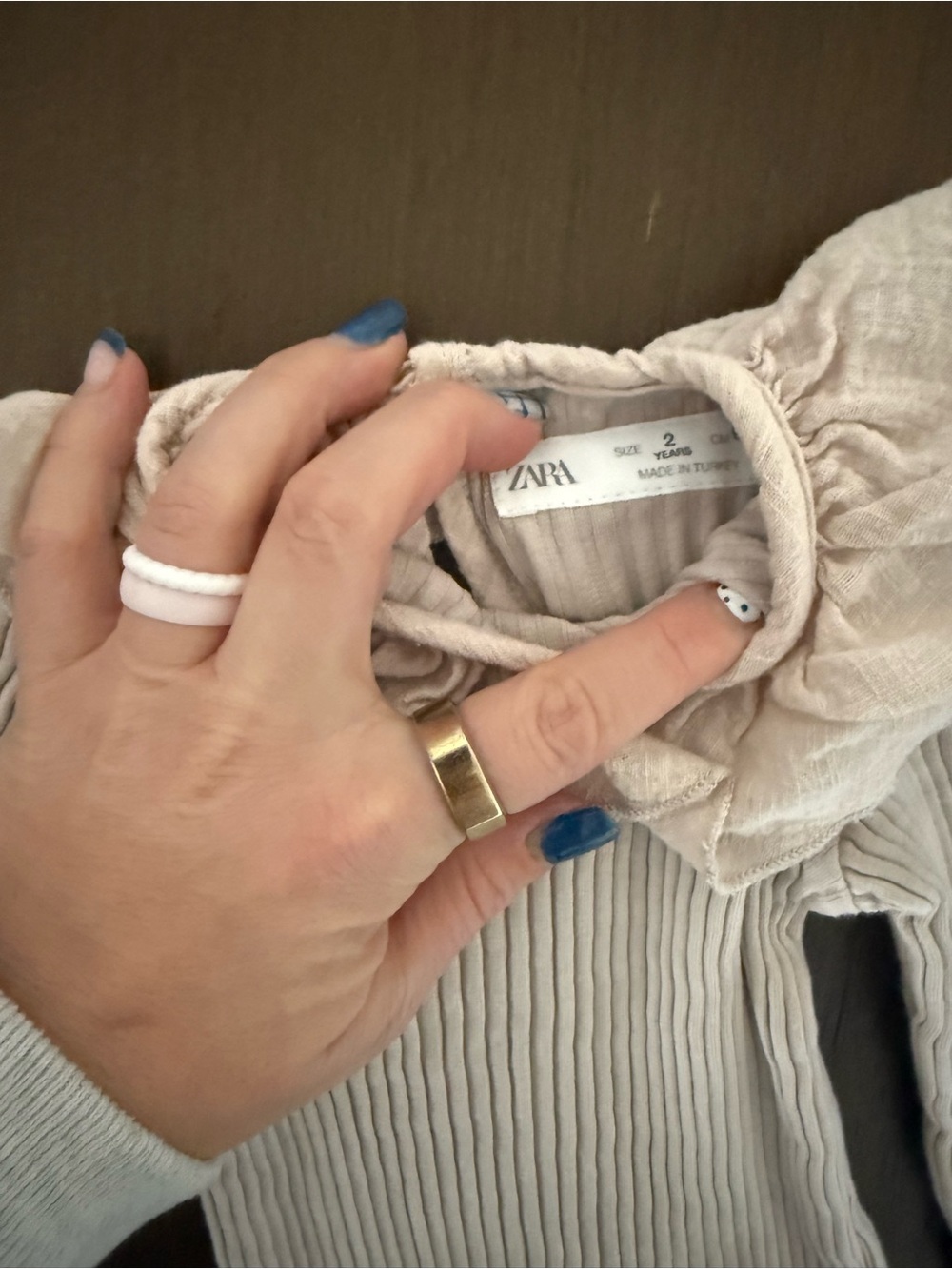 Zara Cream Ribbed Long-Sleeve Top with Ruffle Neck - Picture 2 of 3